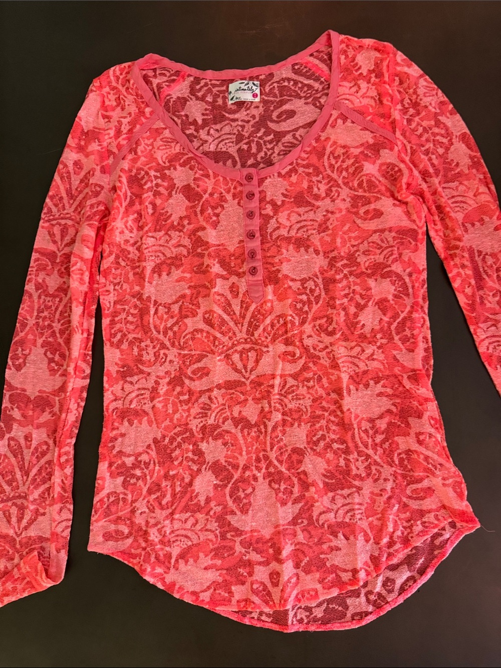 Free People Pink Floral Henley Long Sleeve Top